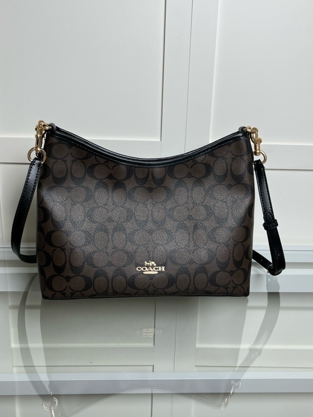 Coach Dark Brown Signature Leather-Trim Crossbody